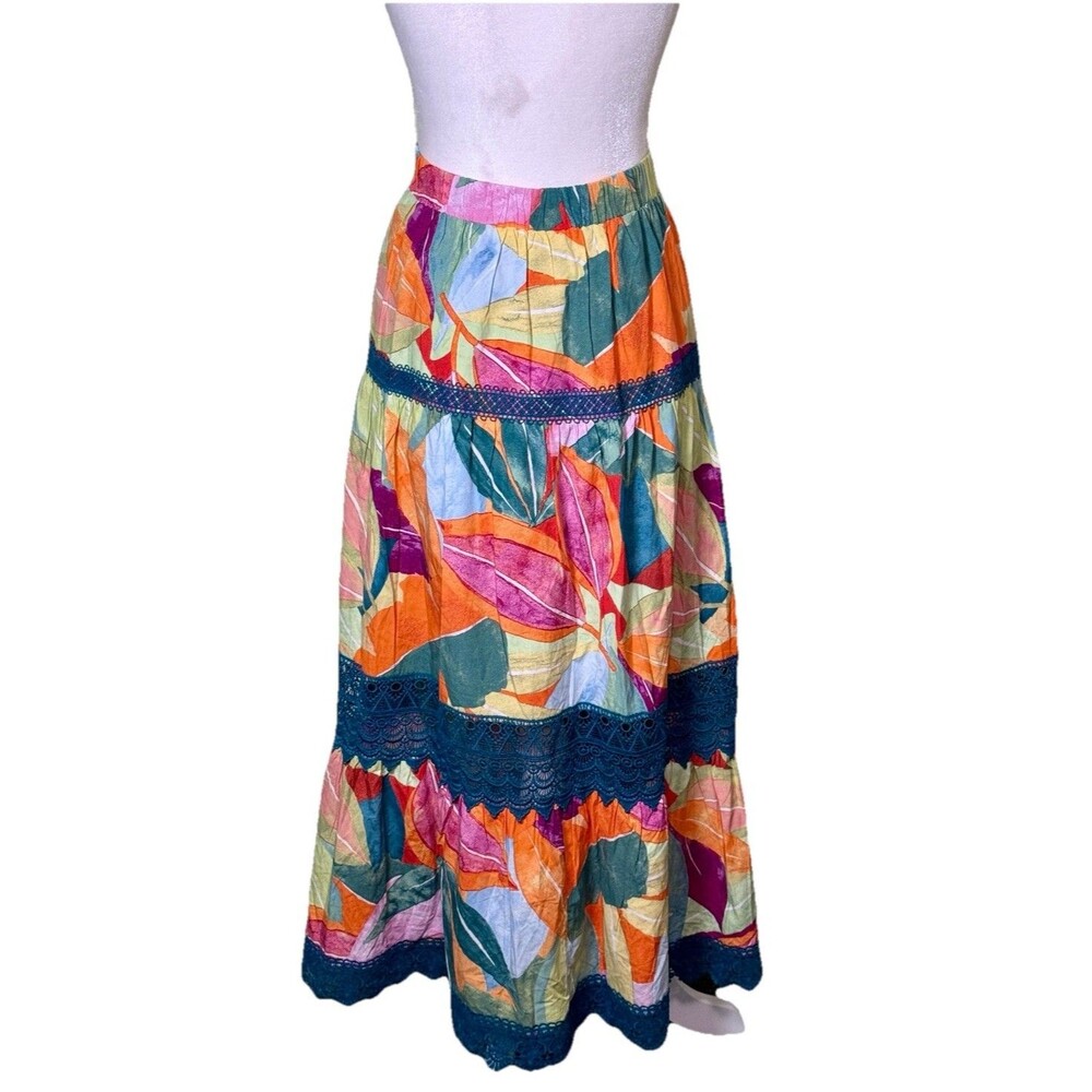 Women's Boho Maxi Skirt Tiered Lace Trim Colorful Botanical‎ Artsy Whimsical XL - Picture 3 of 9
